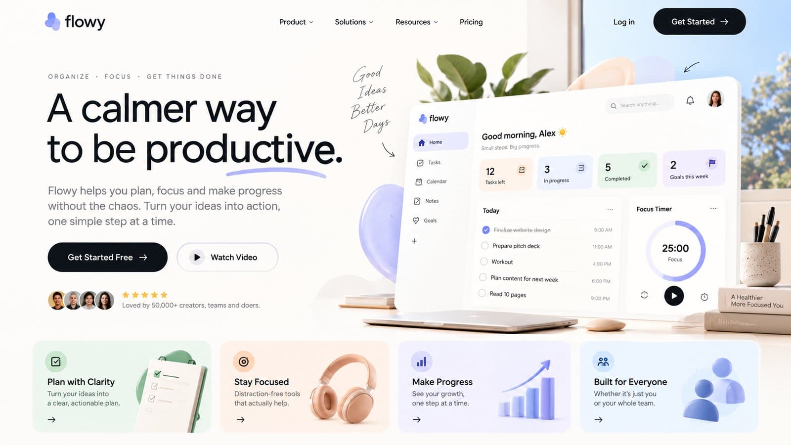 Concept landing page for Flowy, a productivity app, showing the app dashboard and four feature cards