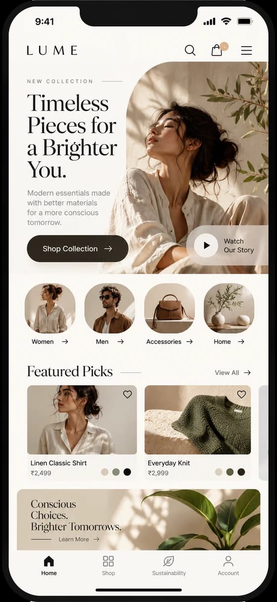 Concept mobile site for Lume, a fashion brand, shown on a phone with a hero photo, category circles and featured products