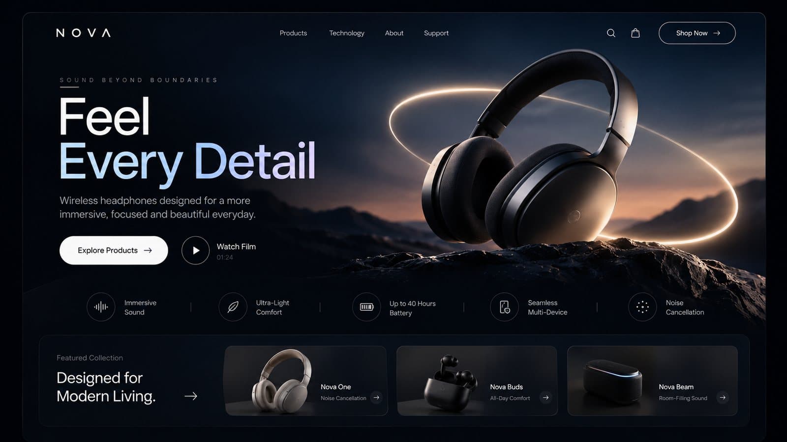 Concept website for Nova, a premium headphone brand, with a dark cinematic homepage and a featured product collection