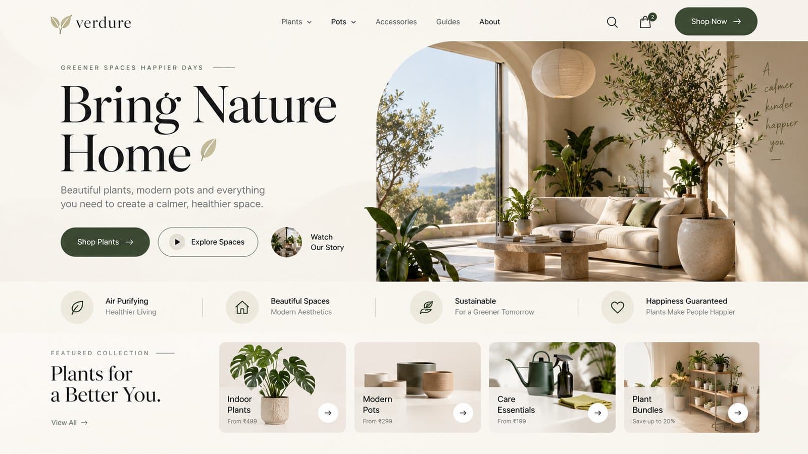 Concept website for Verdure, a plant and home shop, with a warm light homepage and collection cards